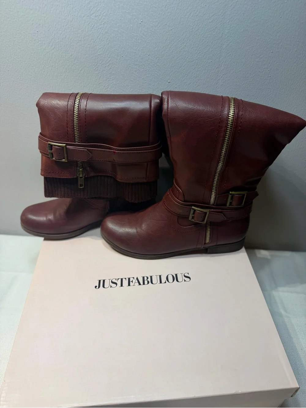 JustFab Wine-Red Tall Riding Boots with Knit Cuff & Buckle Details